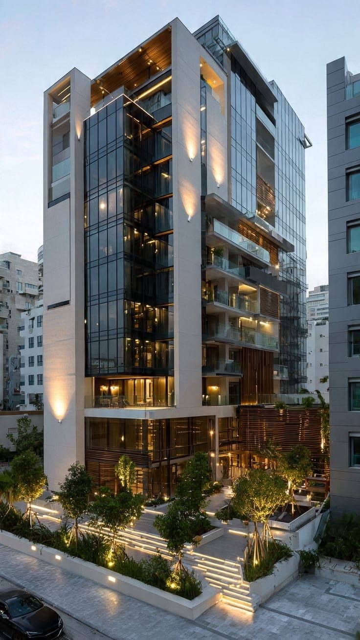 A modern glass building at dusk.